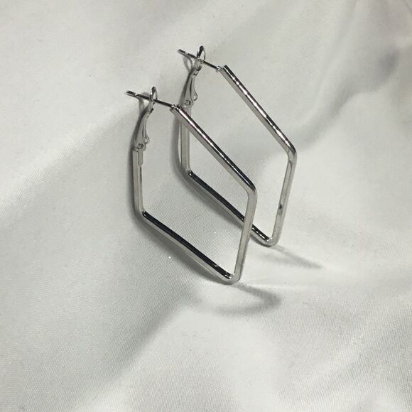 Silver Tone Squared Diamond Shape Hoops (UC3) - Picture 3 of 6
